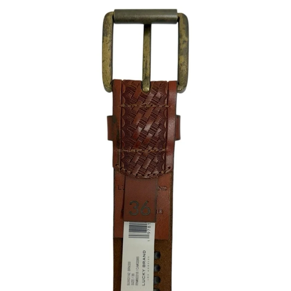 Lucky Brand Men's Size 36 Brown Genuine Leather Lacing Detail Lazer Cut Belt NWT